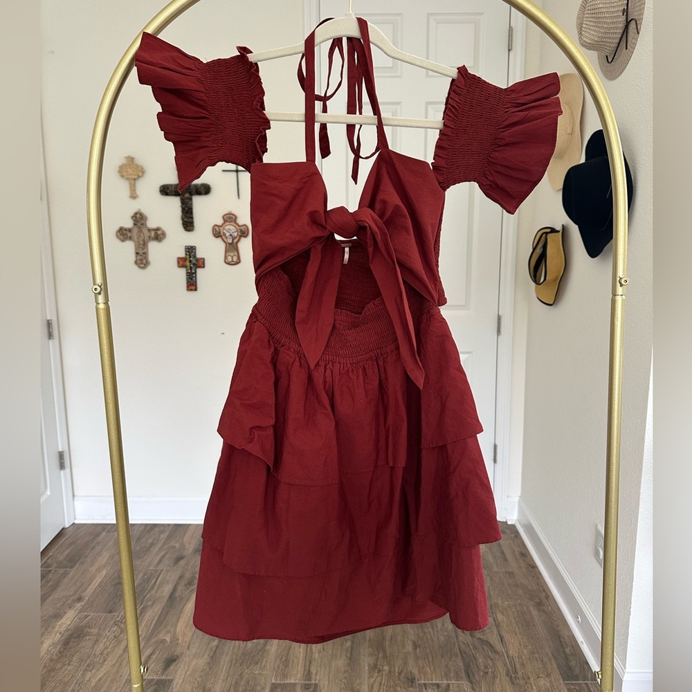Free People Brick Red Tie Front Dress and Ruffled Sleeves